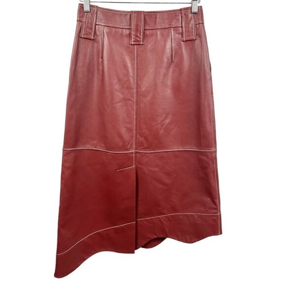 NEW GANNI Lambs Leather Madder Brown Wavy Midi Skirt Size 36/ S - Picture 5 of 8